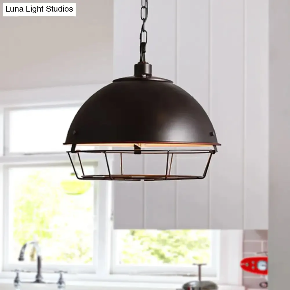 Vintage Dome Pendant Lamp - 1 Head Iron Hanging Light Fixture in Black/Silver for Dining Room