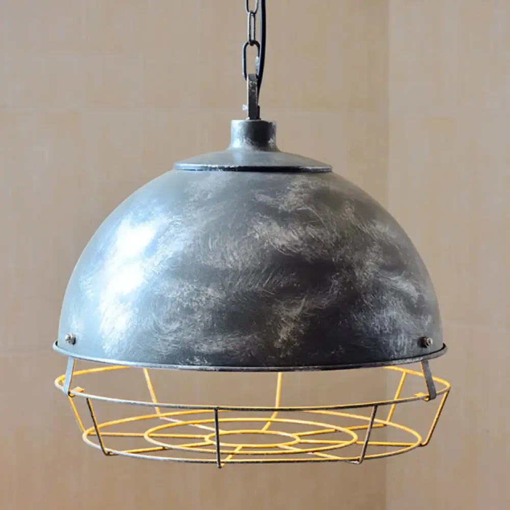 Vintage Dome Pendant Lamp - 1 Head Iron Hanging Light Fixture in Black/Silver for Dining Room