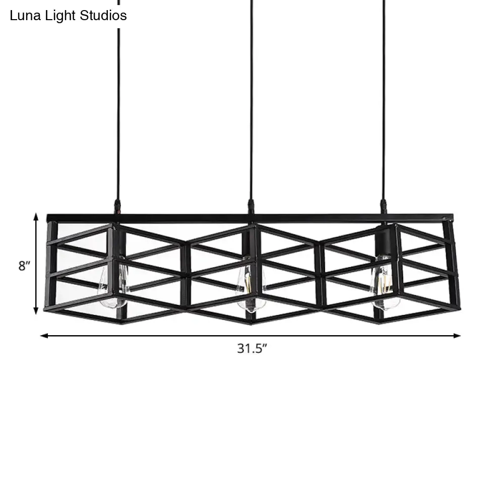 Vintage Industrial Black Linear Cage Pendant Light with 3 Bulbs for Hallways