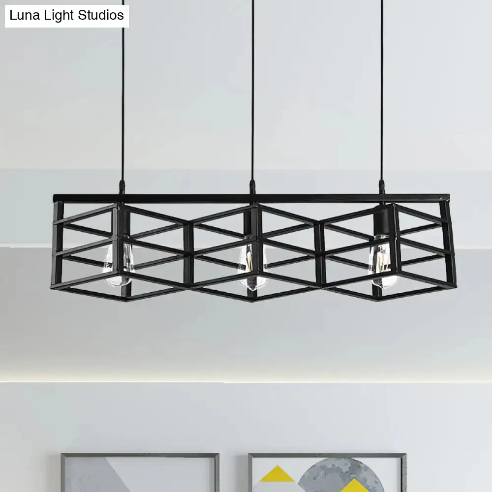 Vintage Industrial Black Linear Cage Pendant Light with 3 Bulbs for Hallways