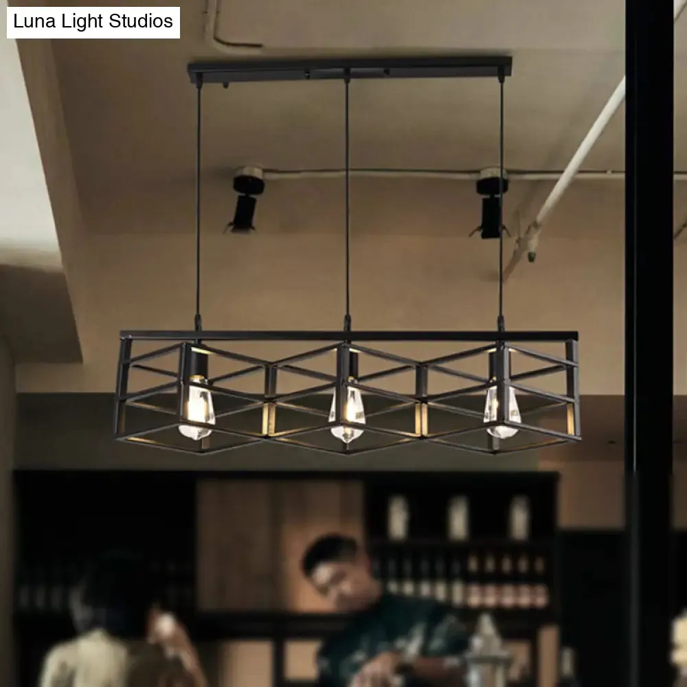 Vintage Industrial Black Linear Cage Pendant Light with 3 Bulbs for Hallways