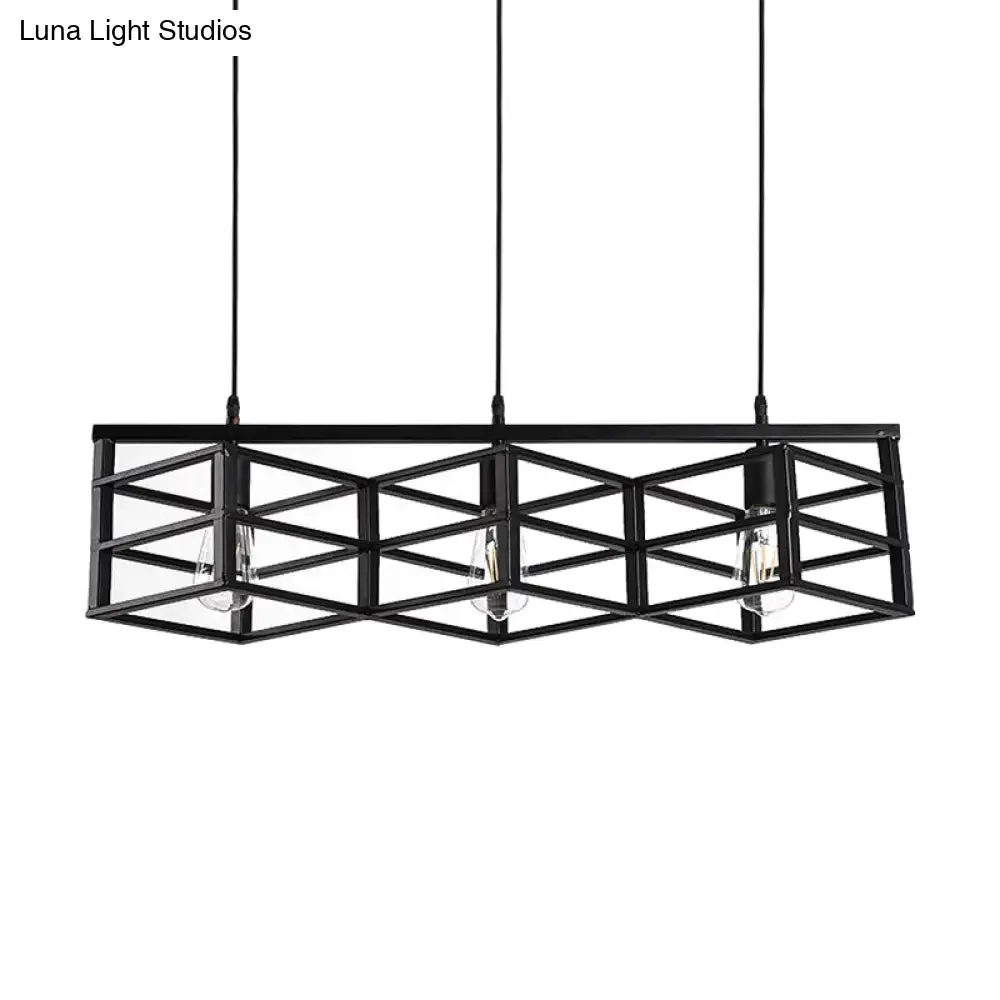 Vintage Industrial Black Linear Cage Pendant Light with 3 Bulbs for Hallways