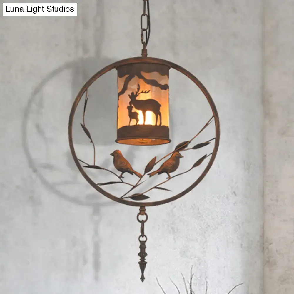 Vintage Rustic Cylinder Wall Sconce with Fabric Bird Accent - 1-Light Metal Lamp for Dining Room