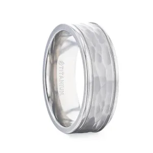 WILLIAM Hammered Finish Center White Titanium Men's Wedding Band With Dual Offset Grooves And Polished Edges - 8mm