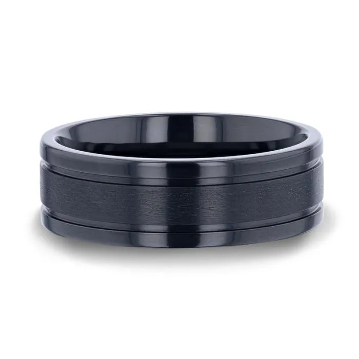 WOLVERINE Brushed Center Black Titanium Men's Wedding Band With Polished Dual Offset Grooves - 8mm