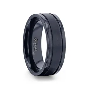 WOLVERINE Brushed Center Black Titanium Men's Wedding Band With Polished Dual Offset Grooves - 8mm